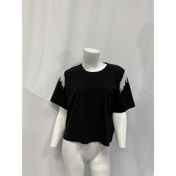 Veronica Beard 'Rumia' Black Pearl Embellished Tee Size L - Picture 2 of 5
